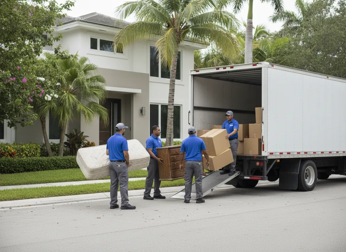 Trabajadores retirando muebles viejos y basura domiciliaria de una casa residencial